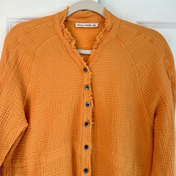 Cherry Cloth Orange Frayed Bohemian 100% Cotton Gauze Button Down Shirt Size M - Picture 3 of 11